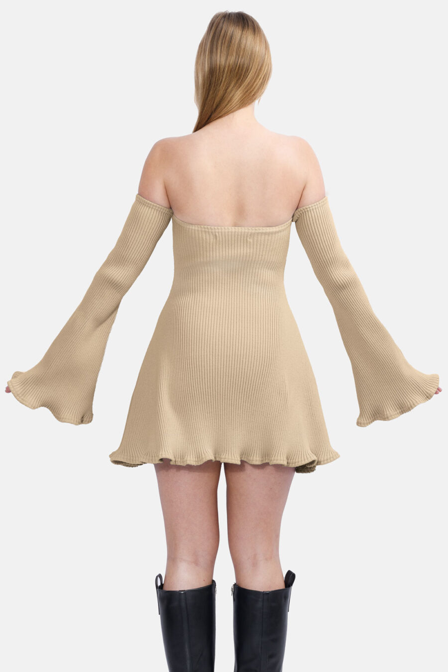 Beige Allure Disgner Rib Knit Mini Dress With Flared Sleeves Kargede Designer Dress Back - Allure – Beige Knit Jumper Dress