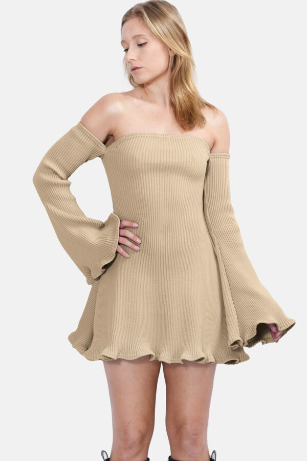 Beige Allure Disgner Rib Knit Mini Dress With Flared Sleeves Kargede Designer Dress Front - Allure – Beige Knit Jumper Dress