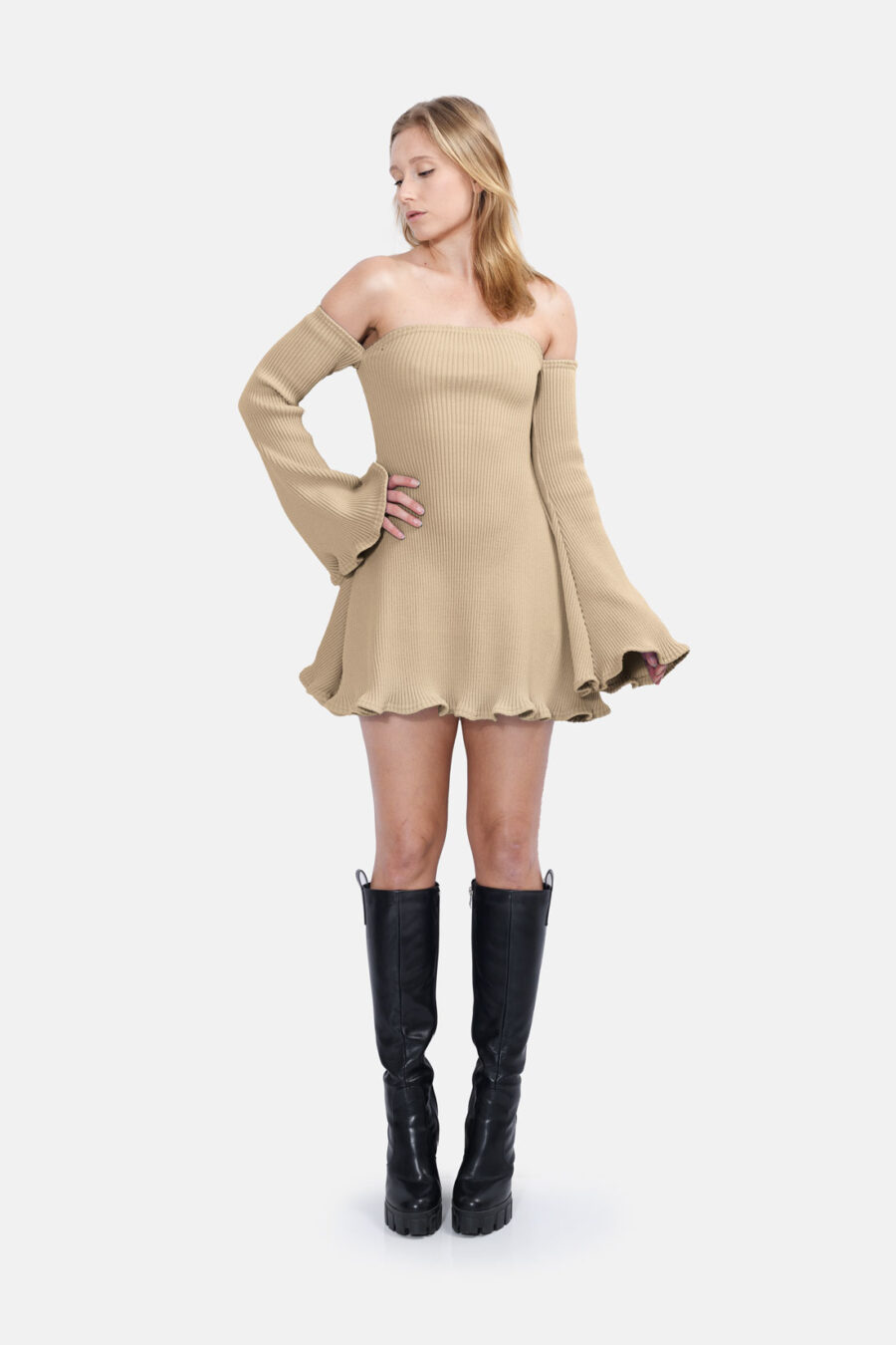 Beige Allure Disgner Rib Knit Mini Dress With Flared Sleeves Kargede Designer Dress Front Out - Allure – Beige Knit Jumper Dress