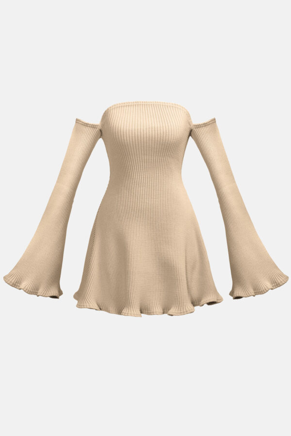 Beige Allure Disgner Rib Knit Mini Dress With Flared Sleeves Kargede Designer Dress GM - Allure – Beige Knit Jumper Dress