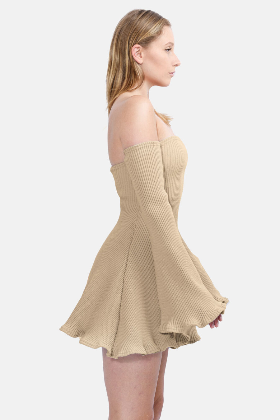 Beige Allure Disgner Rib Knit Mini Dress With Flared Sleeves Kargede Designer Dress Side - Allure – Beige Knit Jumper Dress