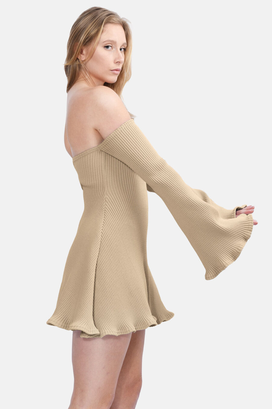 Beige Allure Disgner Rib Knit Mini Dress With Flared Sleeves Kargede Designer Dress Side - Allure – Beige Knit Jumper Dress