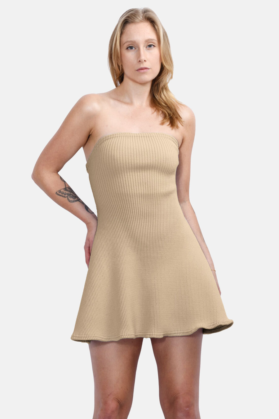 Beige Cortina Rib Knit Mini Dress Kargede Designer Mini Dress Knitwear Front - Cortina – Beige Rib Knit Mini Dress