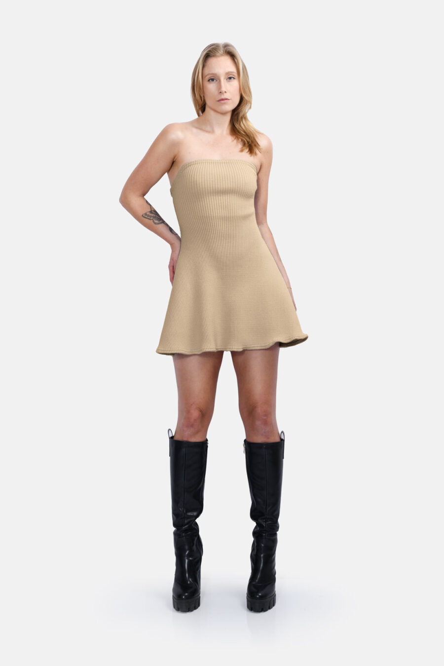 Beige Cortina Rib Knit Mini Dress Kargede Designer Mini Dress Knitwear Front Out - Cortina – Beige Rib Knit Mini Dress