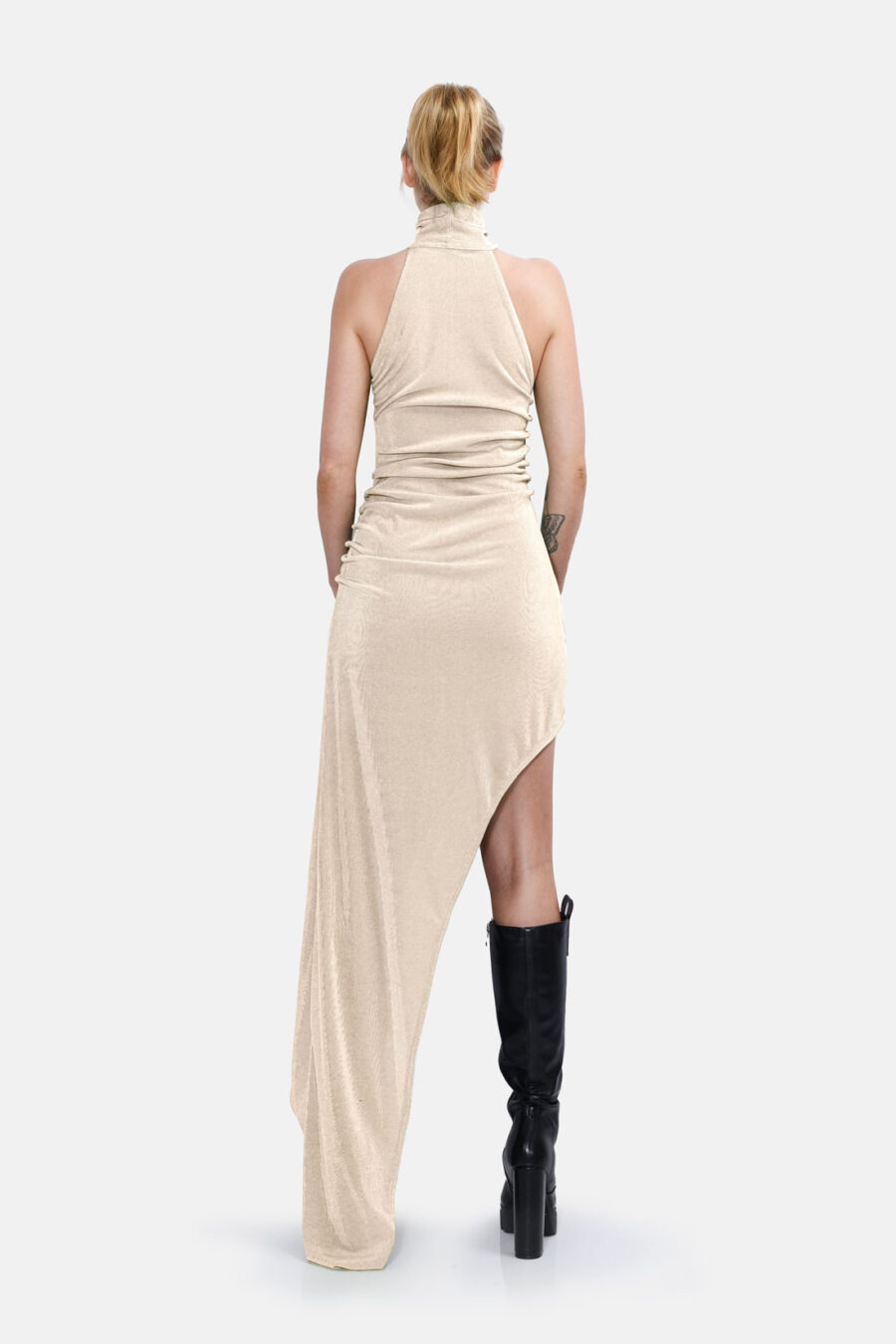 Beige Slinky Asymmetrical Maxi Dress High Neck Kargede Designer Dress Back - Zephyr – Shimmering Slinky Beige Asymmetrical Maxi Dress