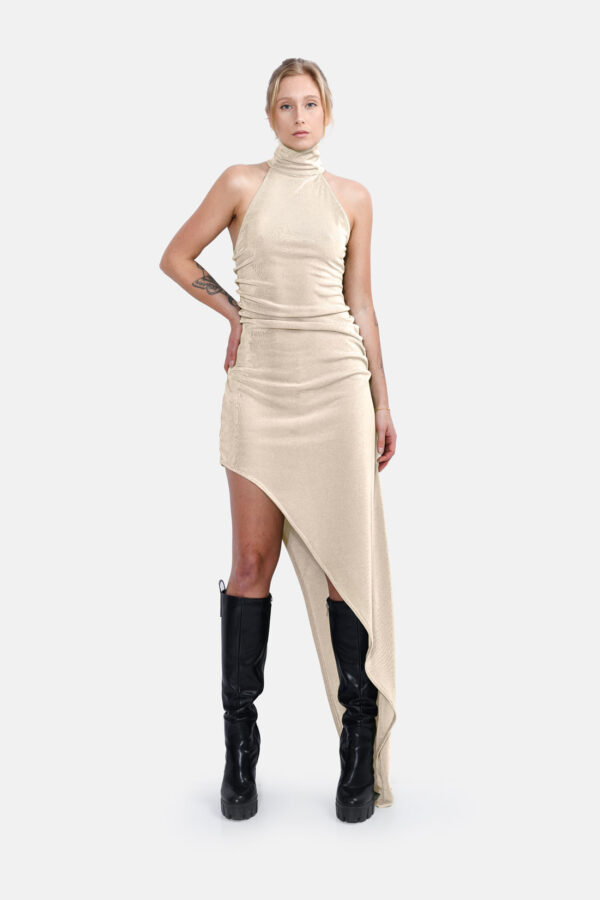 Beige Slinky Asymmetrical Maxi Dress High Neck Kargede Designer Dress Front - Zephyr – Shimmering Slinky Beige Asymmetrical Maxi Dress