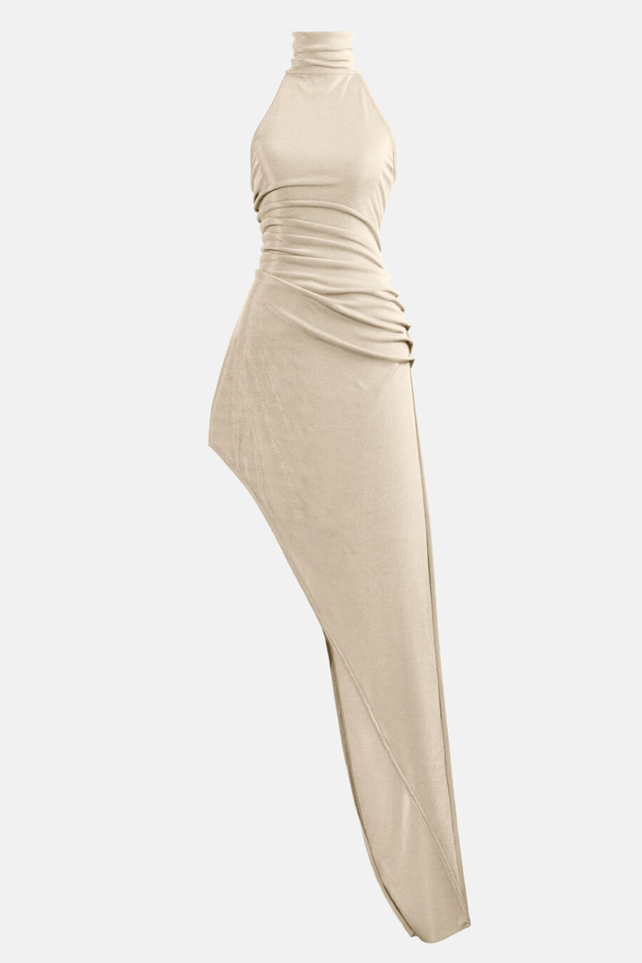 Beige Slinky Asymmetrical Maxi Dress High Neck Kargede Designer Dress GM - Zephyr – Shimmering Slinky Beige Asymmetrical Maxi Dress