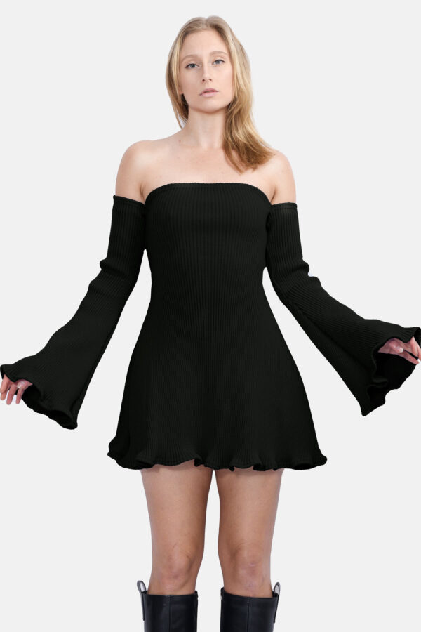 Black Allure Disgner Rib Knit Mini Dress With Flared Sleeves Kargede Designer Dress Front - Allure – Black Knit Jumper Dress