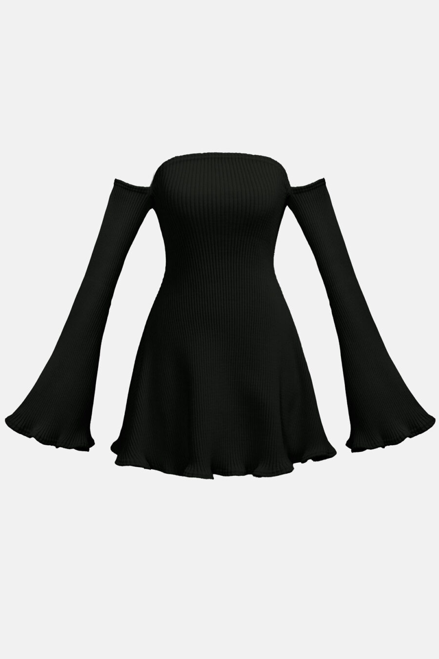 Black Allure Disgner Rib Knit Mini Dress With Flared Sleeves Kargede Designer Dress GM - Allure – Black Knit Jumper Dress