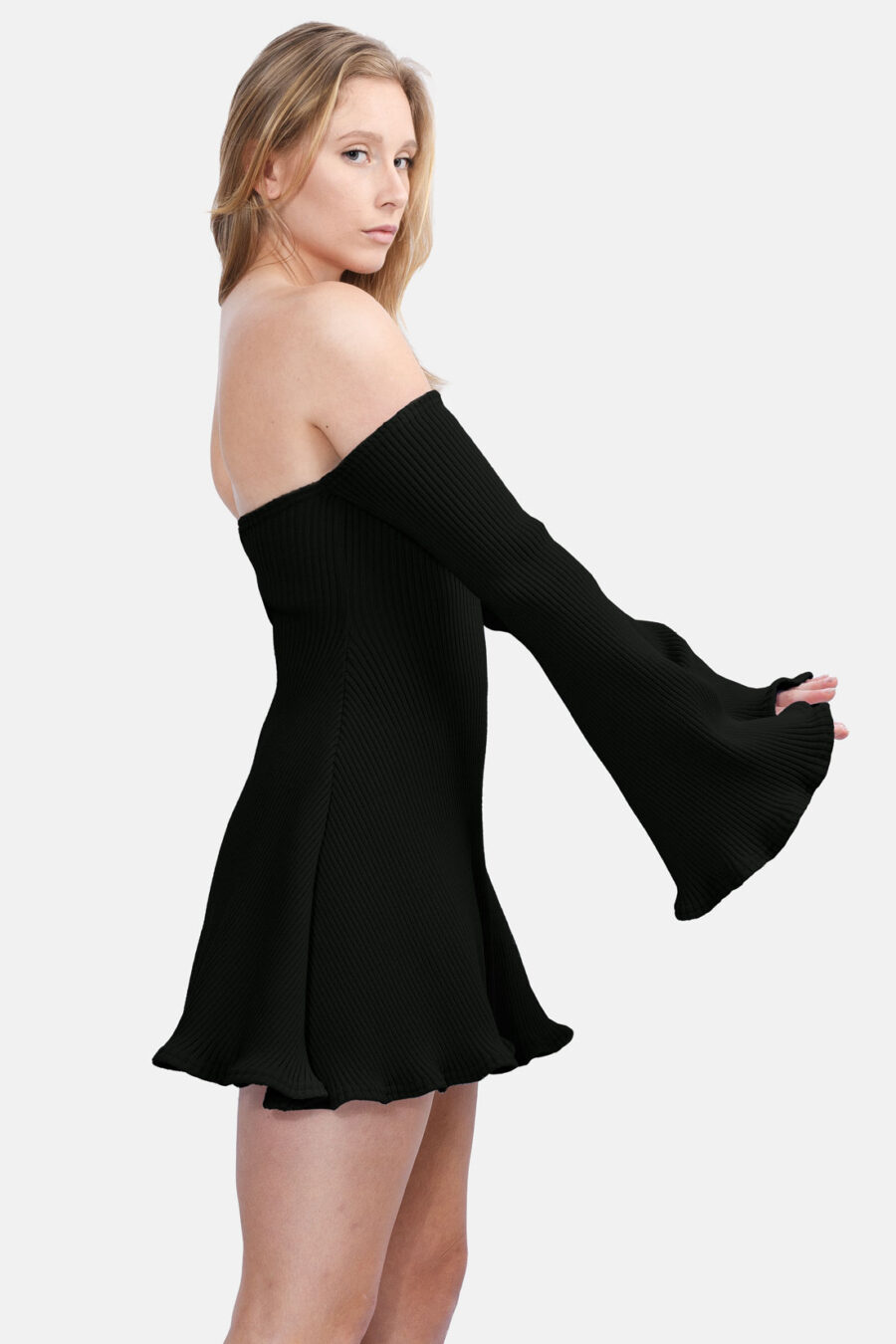 Black Allure Disgner Rib Knit Mini Dress With Flared Sleeves Kargede Designer Dress Side - Allure – Black Knit Jumper Dress