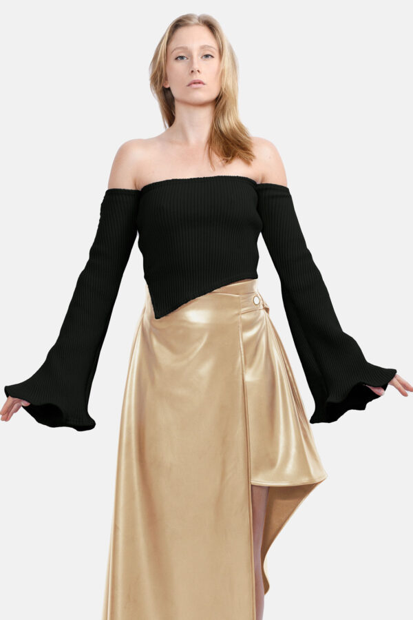 Black Rib knit Jumper Kargede Designer Knitwear Sweater Gold Skirt Front In - Bloom – Off Shoulder Rib Knit Sweater Black - Kargede