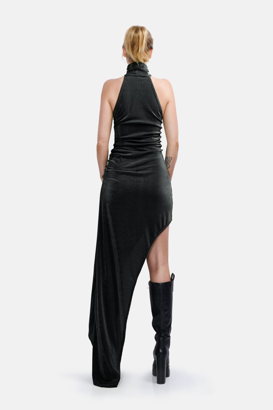 Black Slinky Asymmetrical Maxi Dress High Neck Kargede Designer Dress Back - Zephyr – Shimmering Slinky Black Asymmetrical Maxi Dress