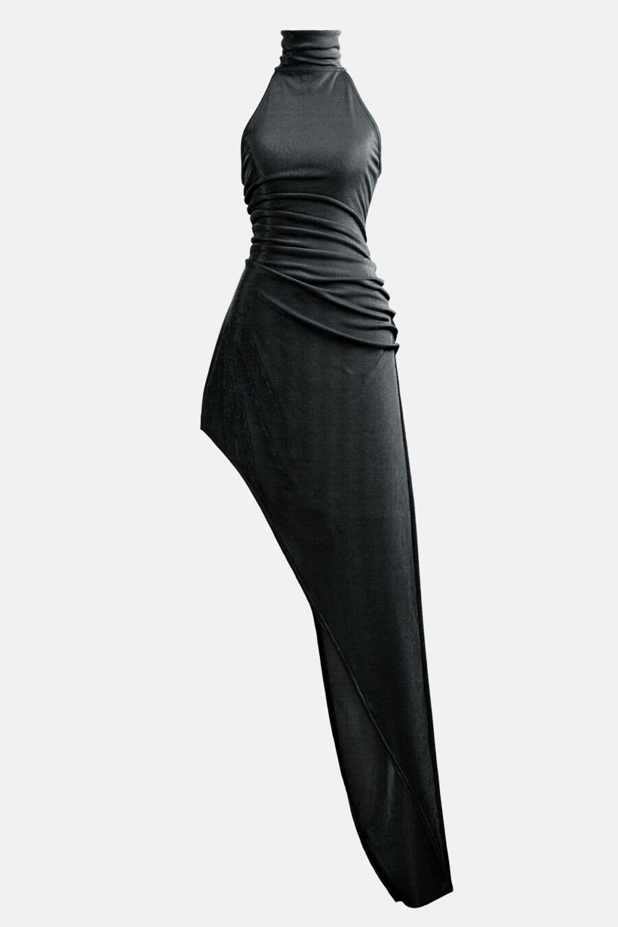 Black Slinky Asymmetrical Maxi Dress High Neck Kargede Designer Dress GM - Zephyr – Shimmering Slinky Black Asymmetrical Maxi Dress