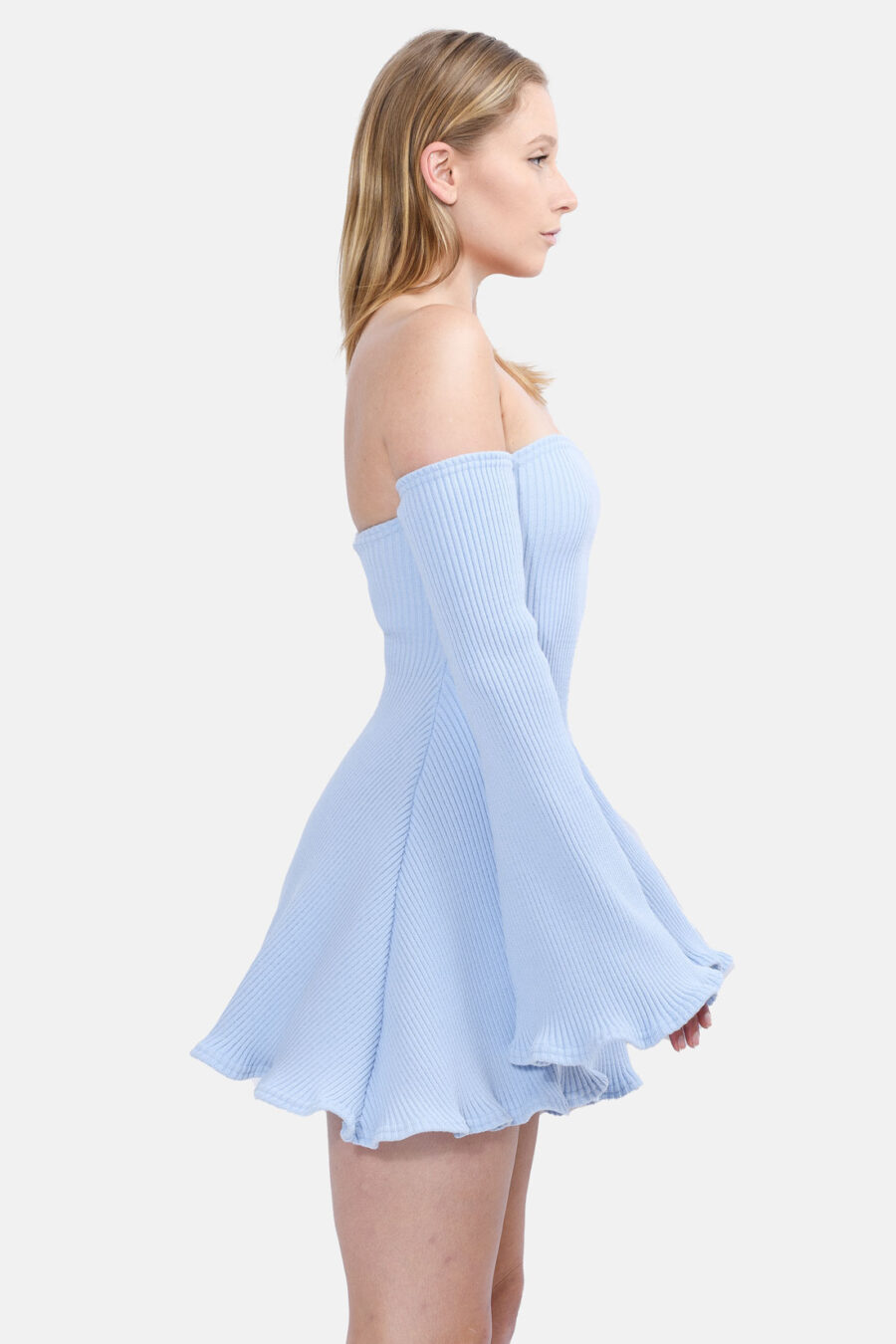 Blue Allure Disgner Rib Knit Mini Dress With Flared Sleeves Kargede Designer Dress Side - Allure – Powder Blue Knit Jumper Dress