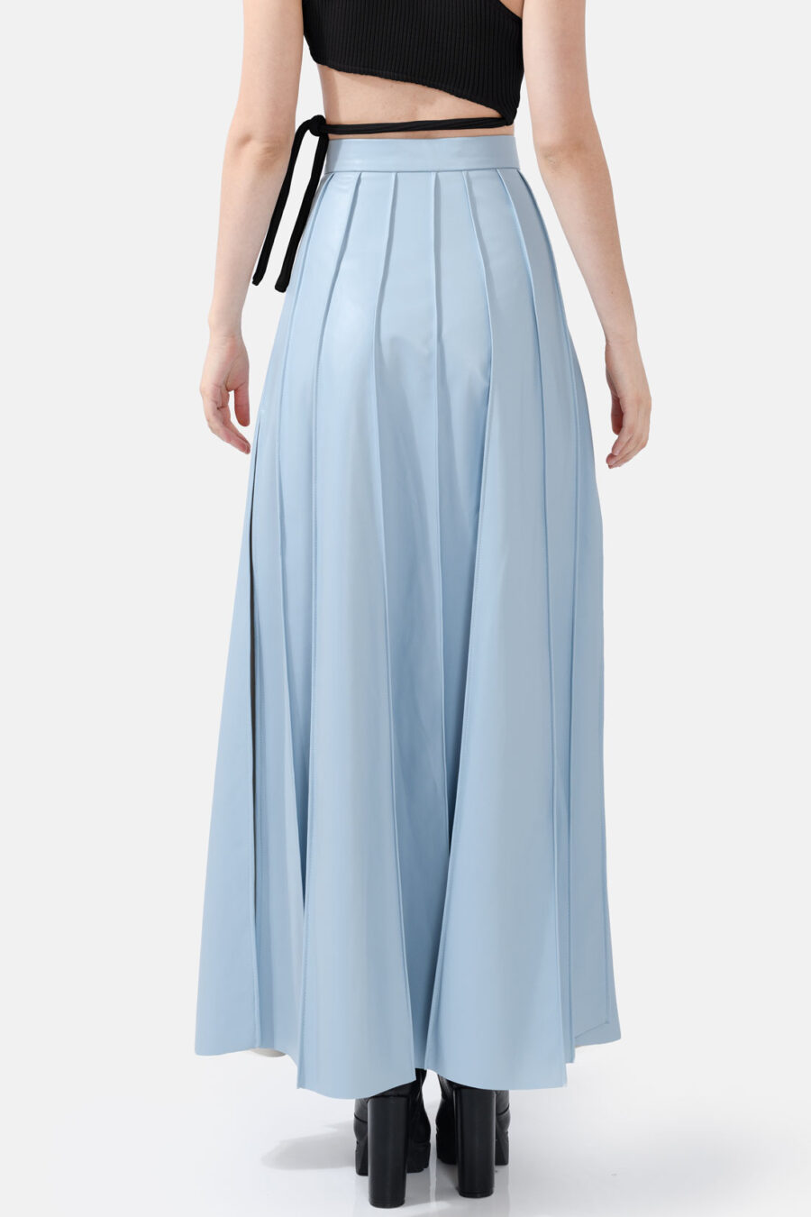 Blue Pleated Vegan Leather Midi Skirt Kargede Designer Skirt Back Avila - Solace – Pleated Blue Vegan Leather Maxi Skirt