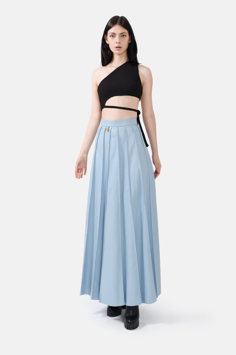 Blue Pleated Vegan Leather Midi Skirt Kargede Designer Skirt Front Avila - Solace – Pleated Blue Vegan Leather Maxi Skirt