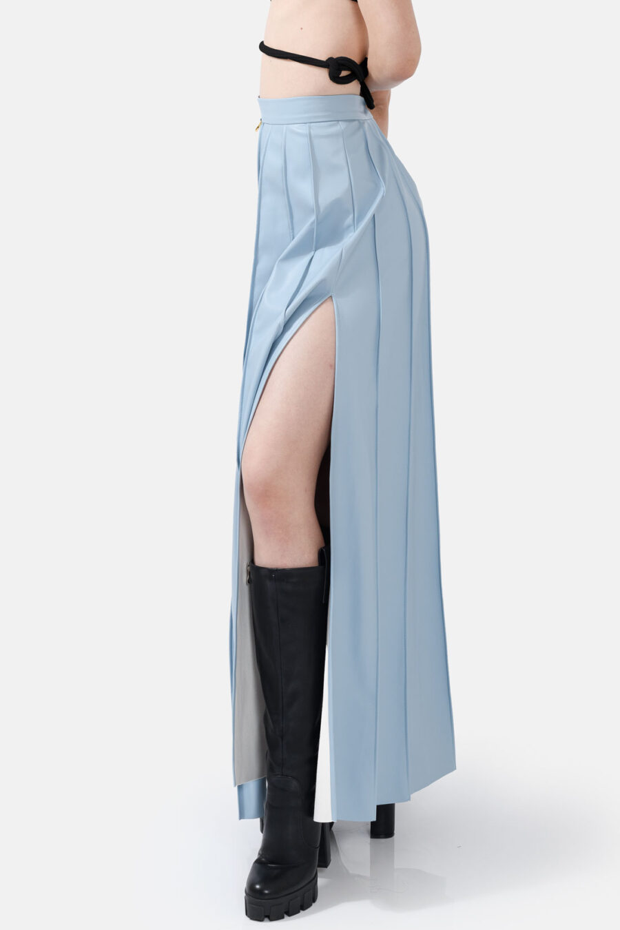 Blue Pleated Vegan Leather Midi Skirt Kargede Designer Skirt Side Avila - Solace – Pleated Blue Vegan Leather Maxi Skirt