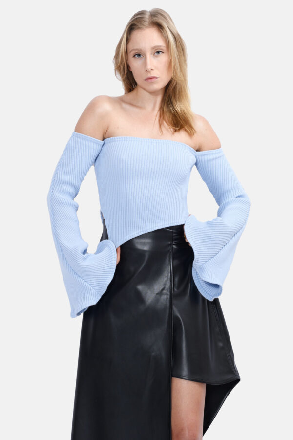 Blue Rib knit Jumper Kargede Designer Knitwear Sweater Front - Bloom – Off Shoulder Rib Knit Sweater Powder Blue - Kargede