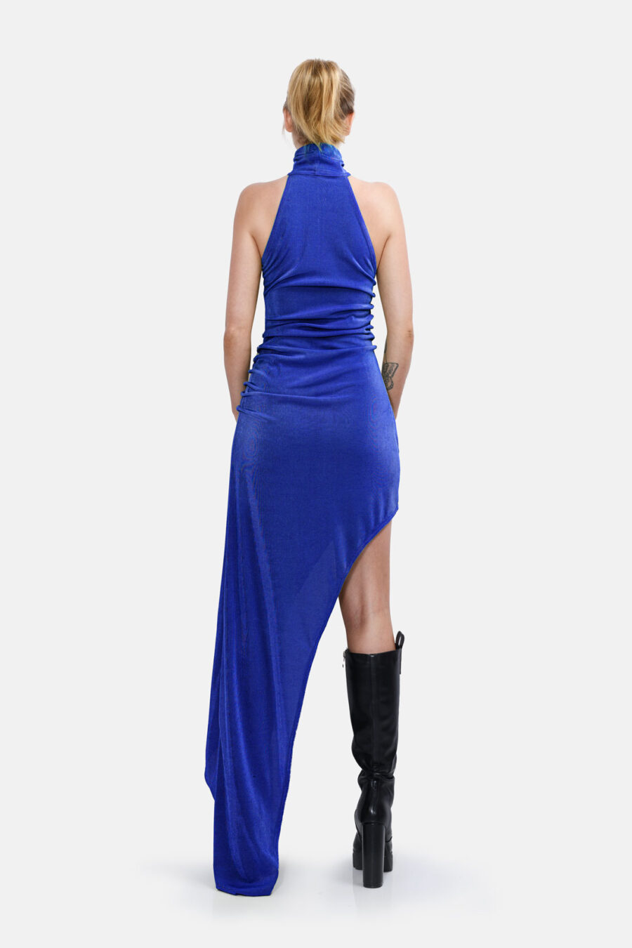 Blue Slinky Asymmetrical Maxi Dress High Neck Kargede Designer Dress Back - Zephyr – Shimmering Slinky Blue Asymmetrical Maxi Dress