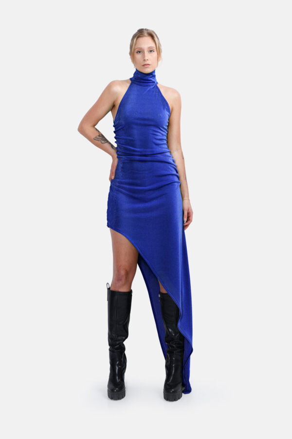 Blue Slinky Asymmetrical Maxi Dress High Neck Kargede Designer Dress Front - Zephyr – Shimmering Slinky Blue Asymmetrical Maxi Dress