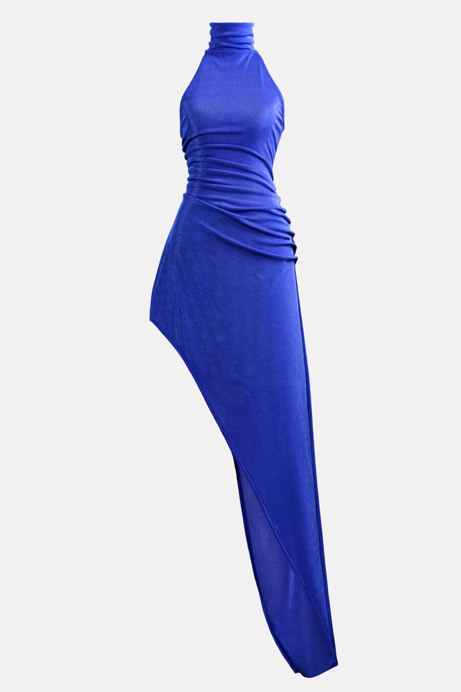 Blue Slinky Asymmetrical Maxi Dress High Neck Kargede Designer Dress GM - Zephyr – Shimmering Slinky Blue Asymmetrical Maxi Dress