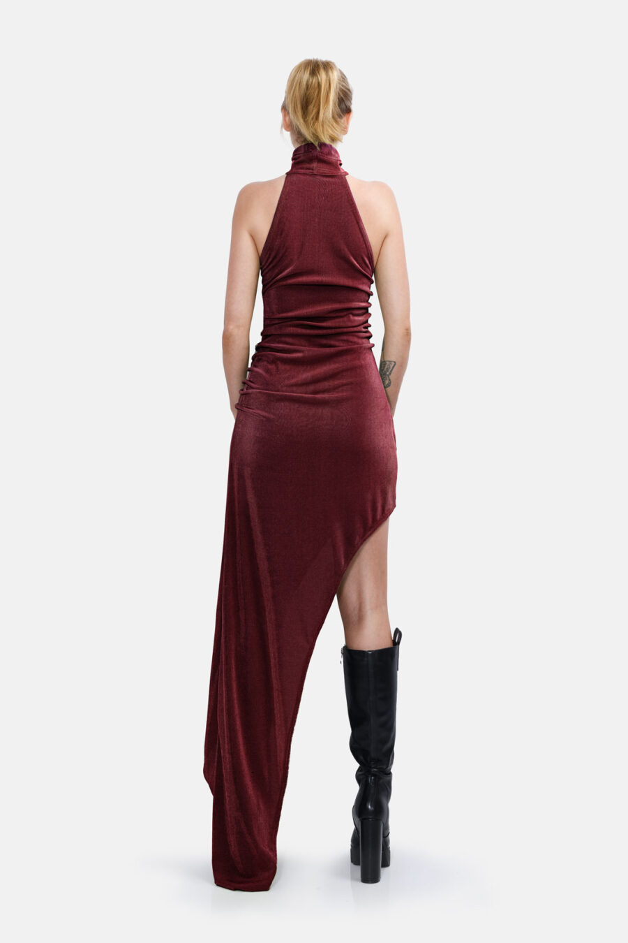 Burgundy Red Slinky Asymmetrical Maxi Dress High Neck Kargede Designer Dress Back - Zephyr – Shimmering Slinky Burgundy Red Asymmetrical Maxi Dress