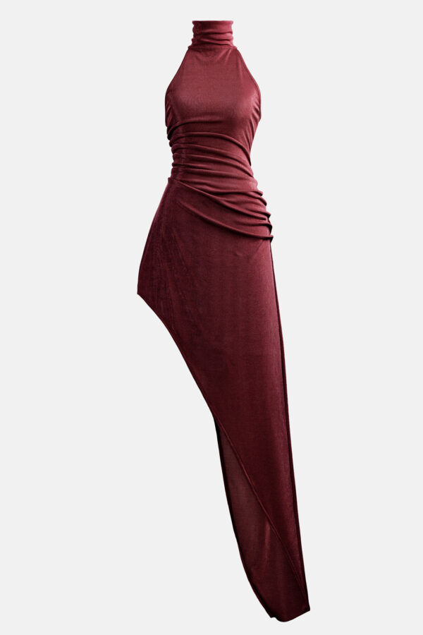 Burgundy Red Slinky Asymmetrical Maxi Dress High Neck Kargede Designer Dress GM - Zephyr – Shimmering Slinky Burgundy Red Asymmetrical Maxi Dress