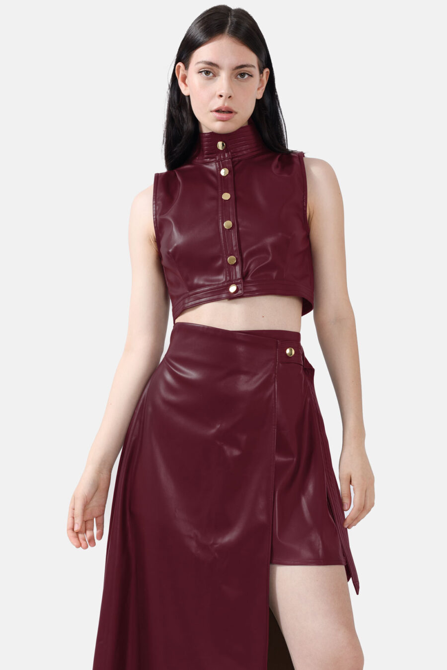 Burgundy Red Vegan Leather Cropped Vest Kargede Designer Vest Avila Front - Whisper – Burgundy Red High Neck Vest Top, Vegan Leather