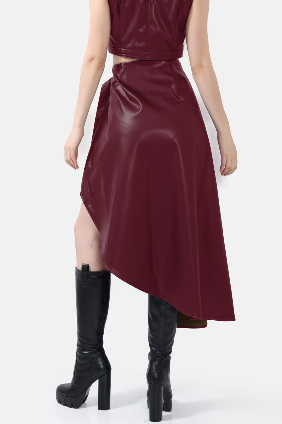 Burgundy Red Vegan Leather Skirt Asymmetrical Wrap Skirt Kargede Designer Skirt Avila Back - Fatale – Burgundy Red Asymmetrical Wrap Skirt, Vegan Leather