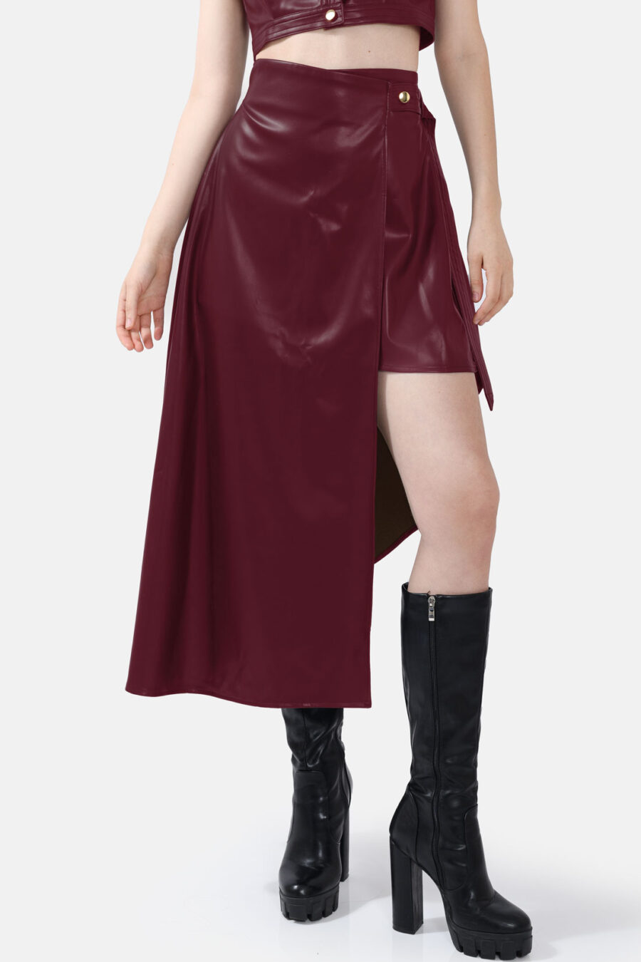 Burgundy Red Vegan Leather Skirt Asymmetrical Wrap Skirt Kargede Designer Skirt Avila Front - Fatale – Burgundy Red Asymmetrical Wrap Skirt, Vegan Leather