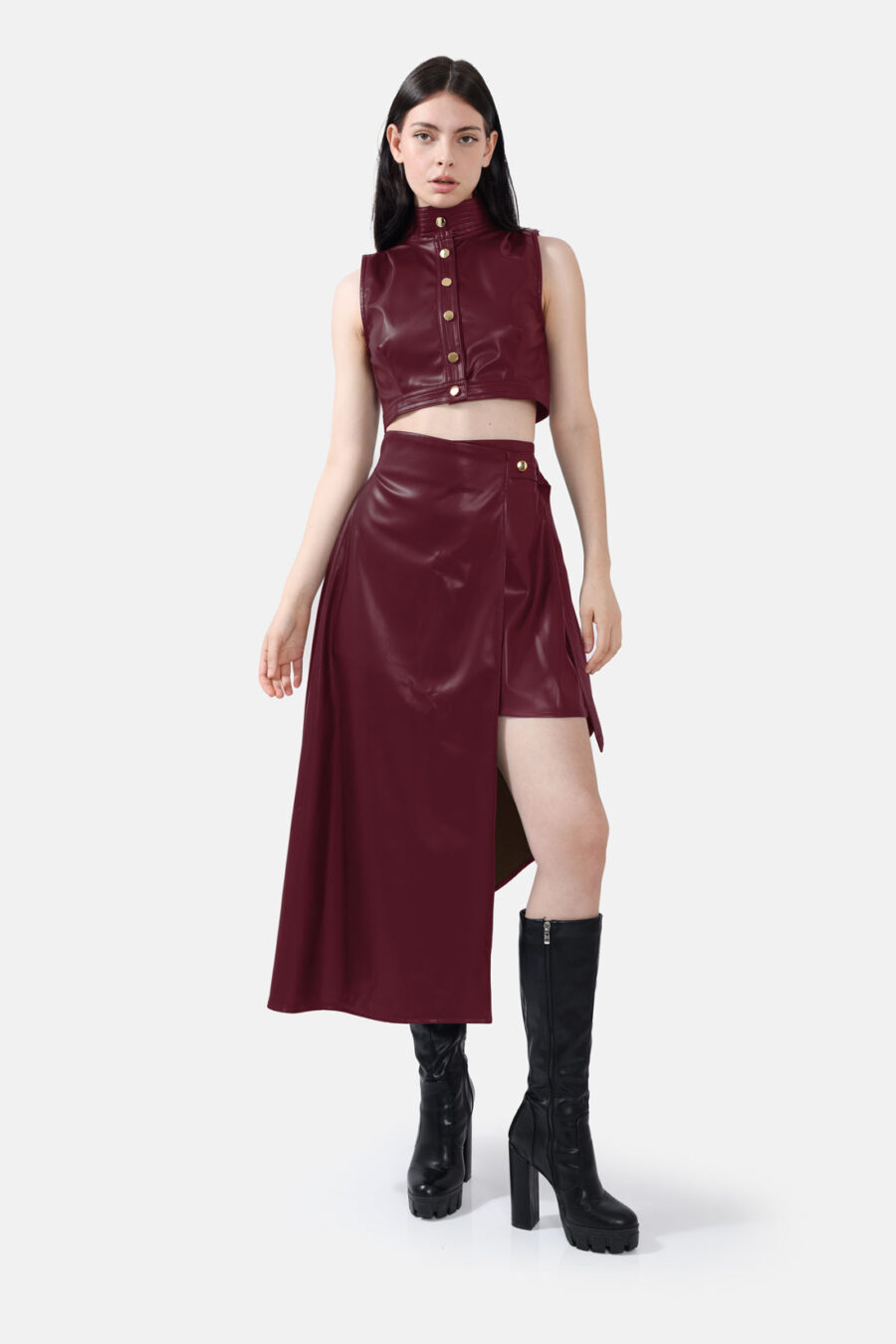 Burgundy Red Vegan Leather Skirt Asymmetrical Wrap Skirt Kargede Designer Skirt Avila Front Out - Fatale – Burgundy Red Asymmetrical Wrap Skirt, Vegan Leather