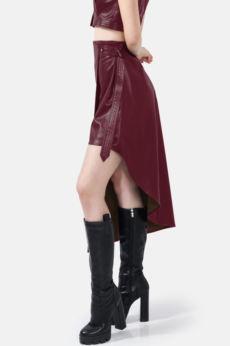 Burgundy Red Vegan Leather Skirt Asymmetrical Wrap Skirt Kargede Designer Skirt Avila Side - Fatale – Burgundy Red Asymmetrical Wrap Skirt, Vegan Leather