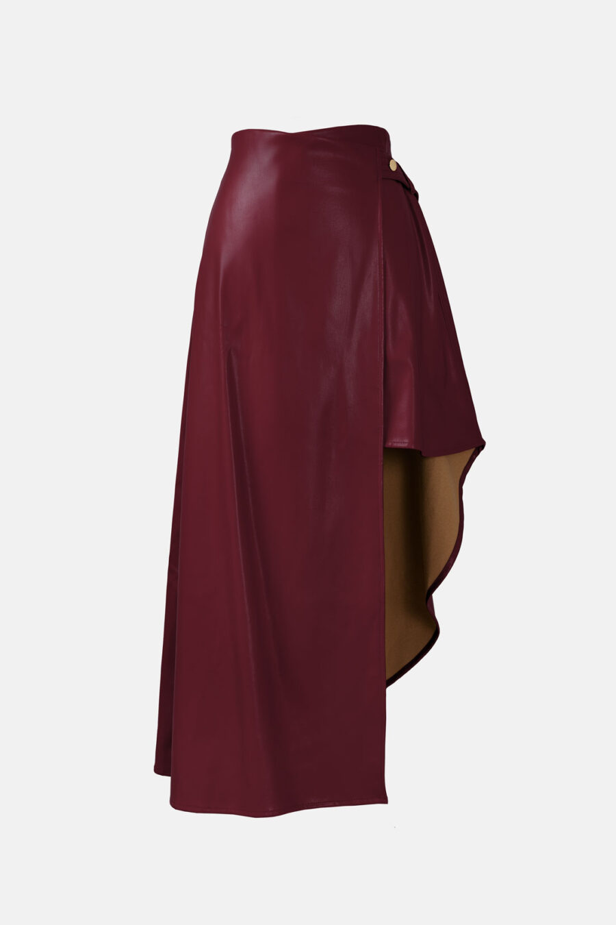 Burgundy Red Vegan Leather Skirt Asymmetrical Wrap Skirt Kargede Designer Skirt GM - Fatale – Burgundy Red Asymmetrical Wrap Skirt, Vegan Leather