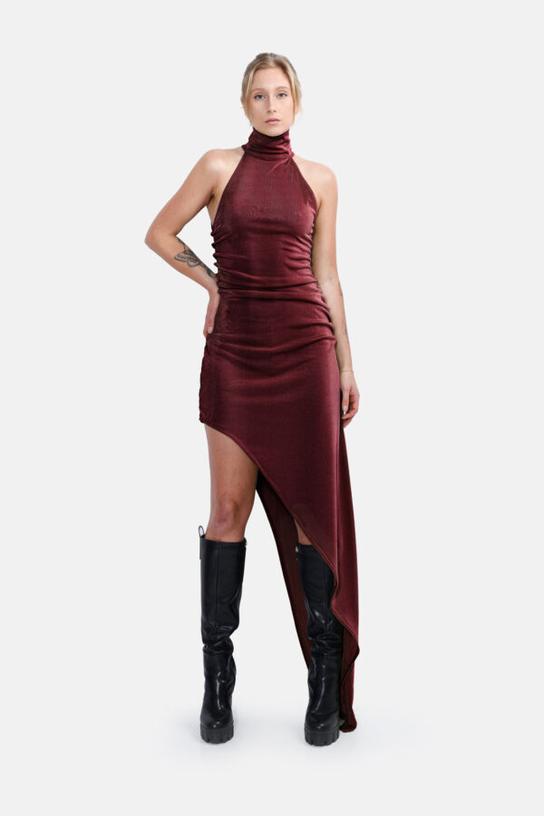 Burgundy Slinky Asymmetrical Maxi Dress High Neck Kargede Designer Dress Front - Zephyr – Shimmering Slinky Burgundy Red Asymmetrical Maxi Dress