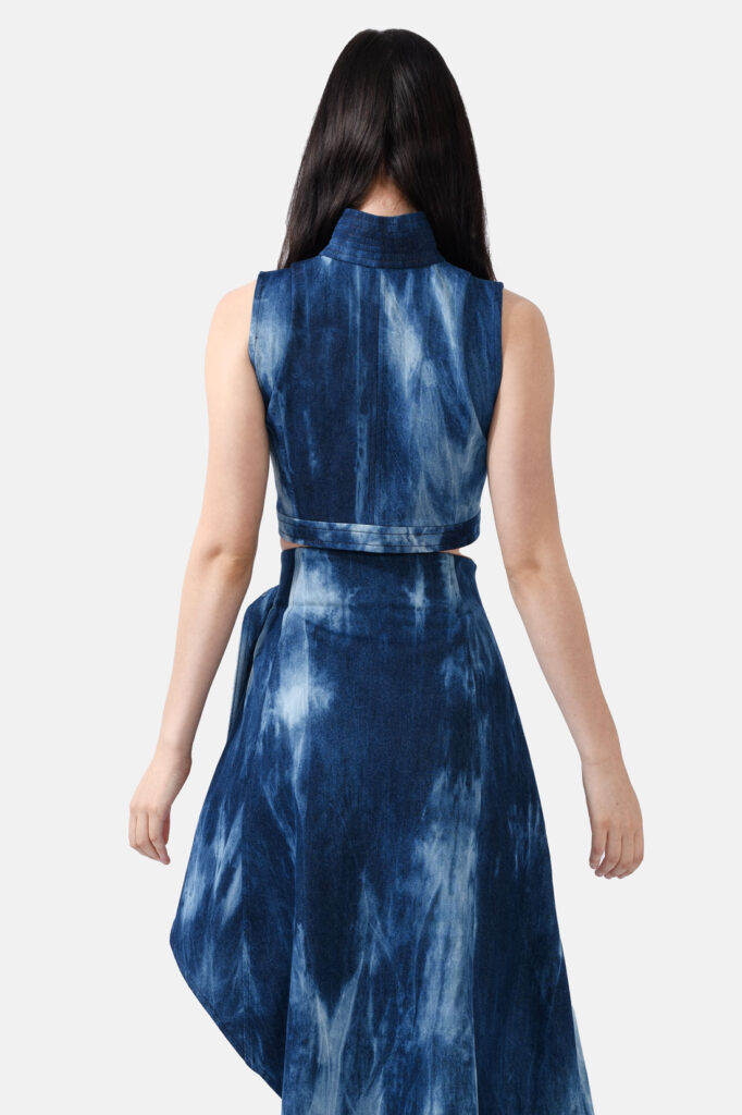 Designer Denim Vest Blue Bleached High Neck Gold Button Kargede Vest Back Avila