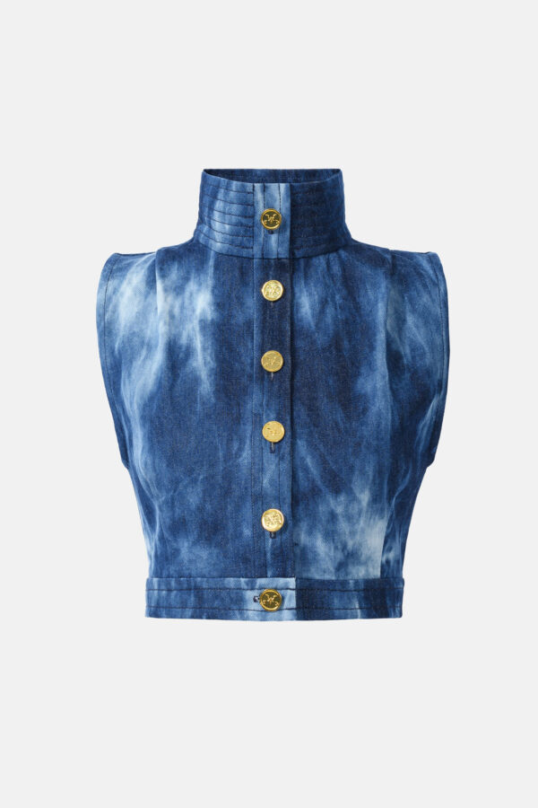 Designer Denim Vest Blue Bleached High Neck Gold Button Kargede Vest GM - Horizon – Denim High Neck Vest Top