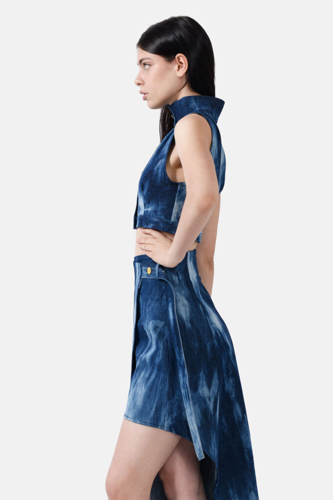 Designer Denim Vest Blue Bleached High Neck Gold Button Kargede Vest Side Avila