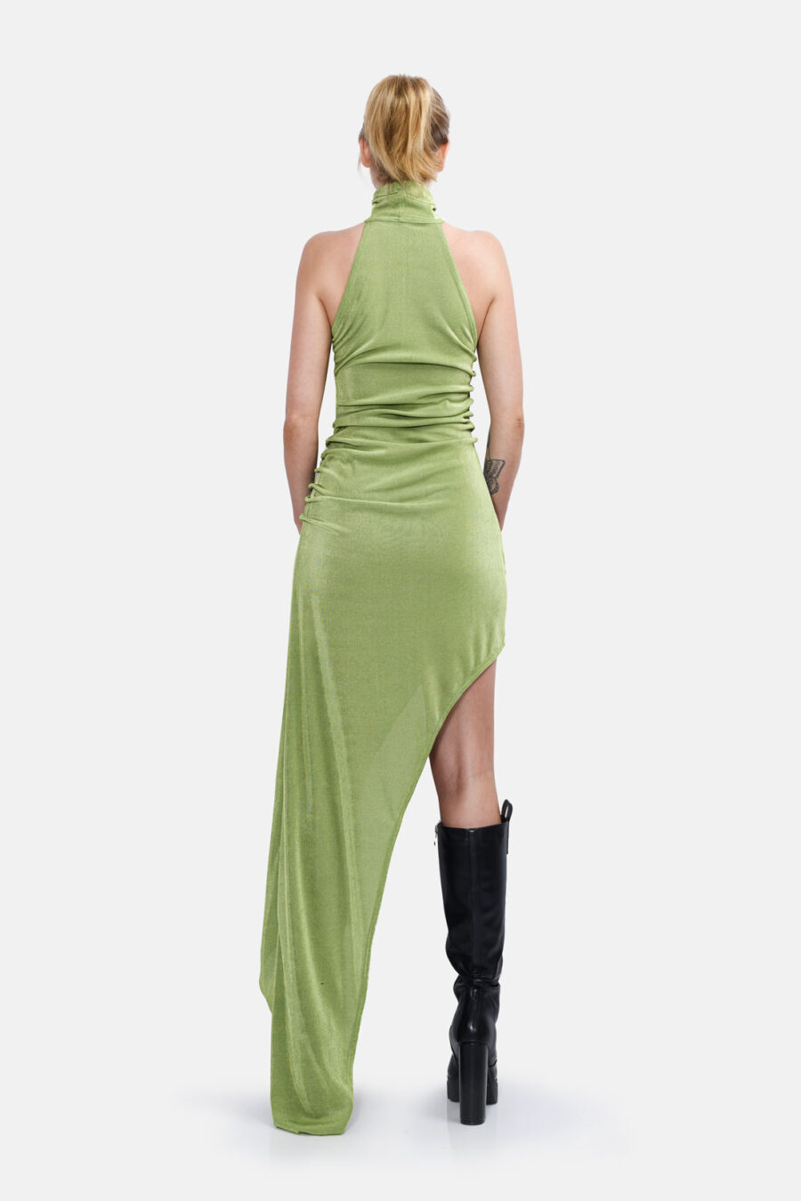 Green Slinky Asymmetrical Maxi Dress High Neck Kargede Designer Dress Back - Zephyr – Shimmering Slinky Green Asymmetrical Maxi Dress