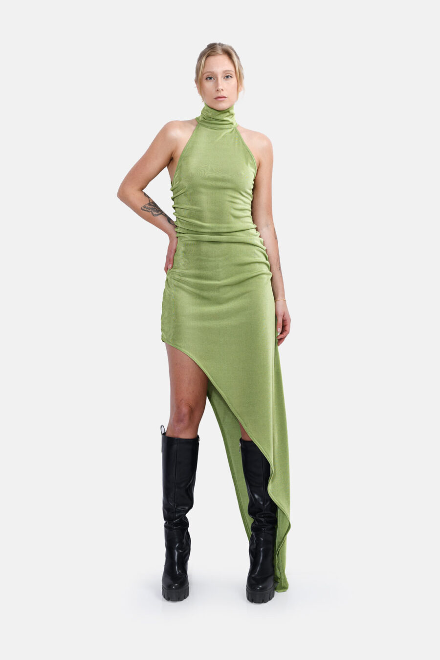 Green Slinky Asymmetrical Maxi Dress High Neck Kargede Designer Dress Front - Zephyr – Shimmering Slinky Green Asymmetrical Maxi Dress