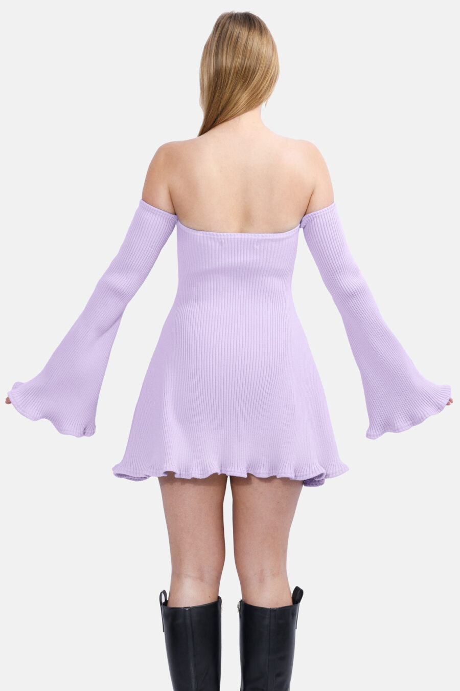 Lilac Allure Disgner Rib Knit Mini Dress With Flared Sleeves Kargede Designer Dress Back - Allure – Lilac Knit Jumper Dress