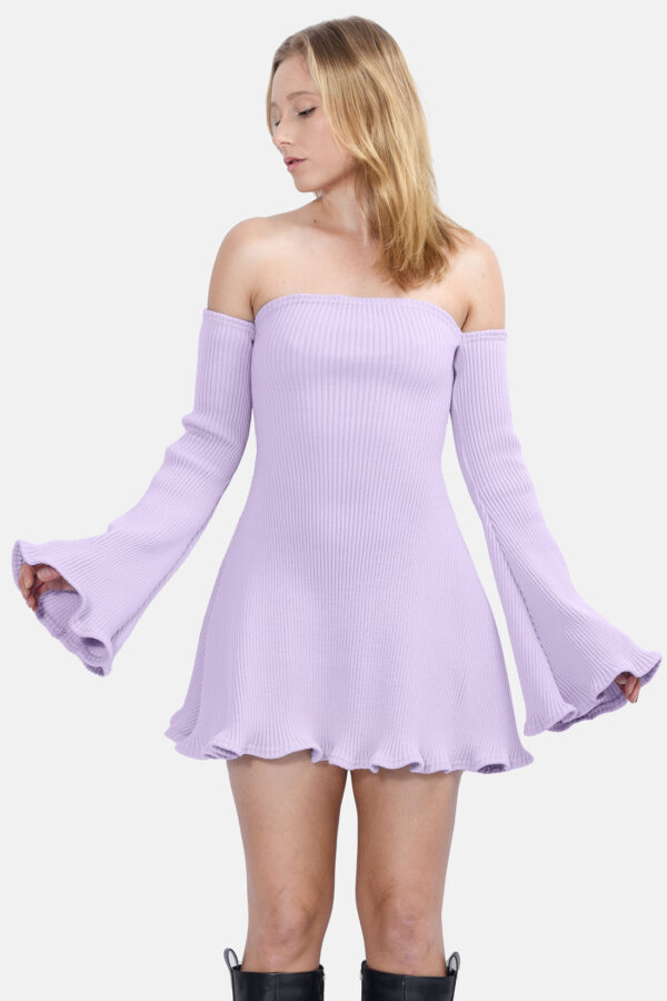 Lilac Allure Disgner Rib Knit Mini Dress With Flared Sleeves Kargede Designer Dress Front - Allure – Lilac Knit Jumper Dress