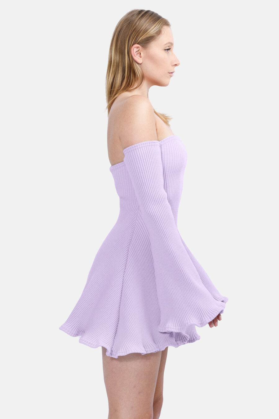 Lilac Allure Disgner Rib Knit Mini Dress With Flared Sleeves Kargede Designer Dress Side - Allure – Lilac Knit Jumper Dress