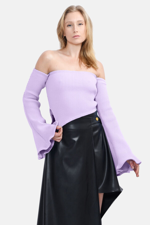 Lilac Rib knit Jumper Kargede Designer Knitwear Sweater Front - Bloom – Off Shoulder Rib Knit Sweater Lilac