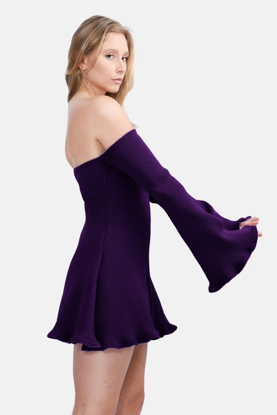 Purple Allure Disgner Rib Knit Mini Dress With Flared Sleeves Kargede Designer Dress Side - Allure – Purple Knit Jumper Dress