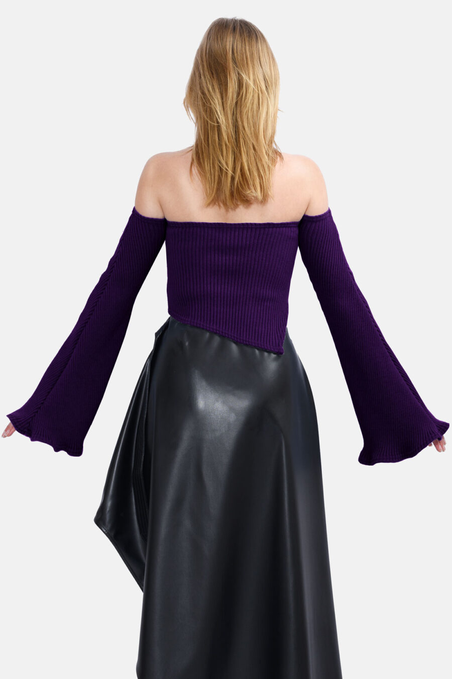 Purple Rib knit Jumper Kargede Designer Knitwear Sweater Back - Bloom – Off Shoulder Rib Knit Sweater Purple