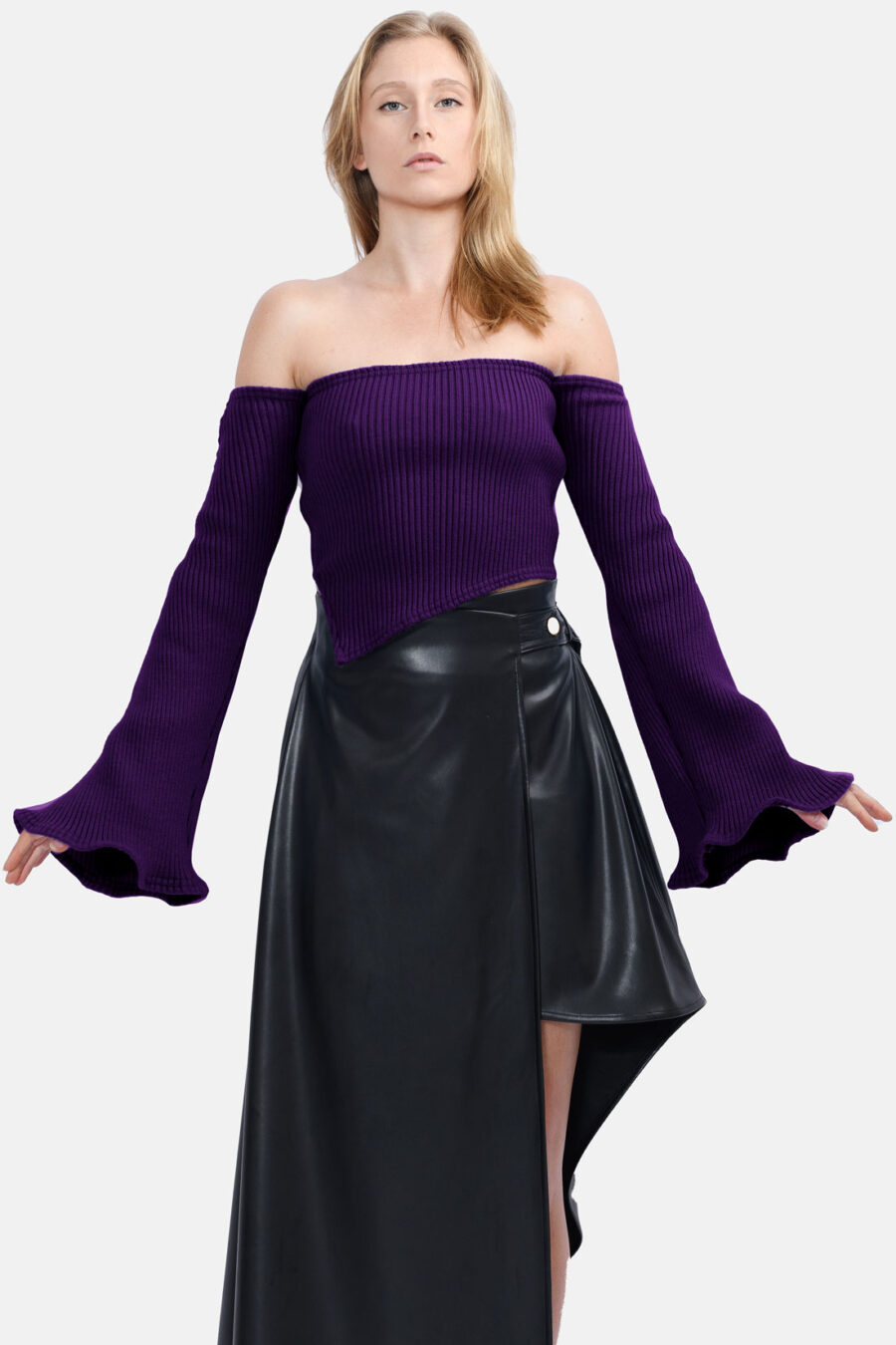 Purple Rib knit Jumper Kargede Designer Knitwear Sweater Front - Bloom – Off Shoulder Rib Knit Sweater Purple