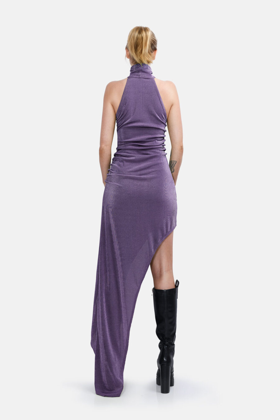 Purple Slinky Asymmetrical Maxi Dress High Neck Kargede Designer Dress Back - Zephyr – Shimmering Slinky Purple Asymmetrical Maxi Dress