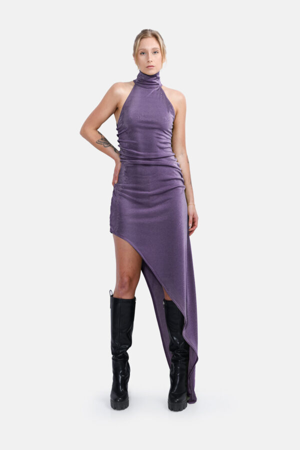 Purple Slinky Asymmetrical Maxi Dress High Neck Kargede Designer Dress Front - Zephyr – Shimmering Slinky Purple Asymmetrical Maxi Dress