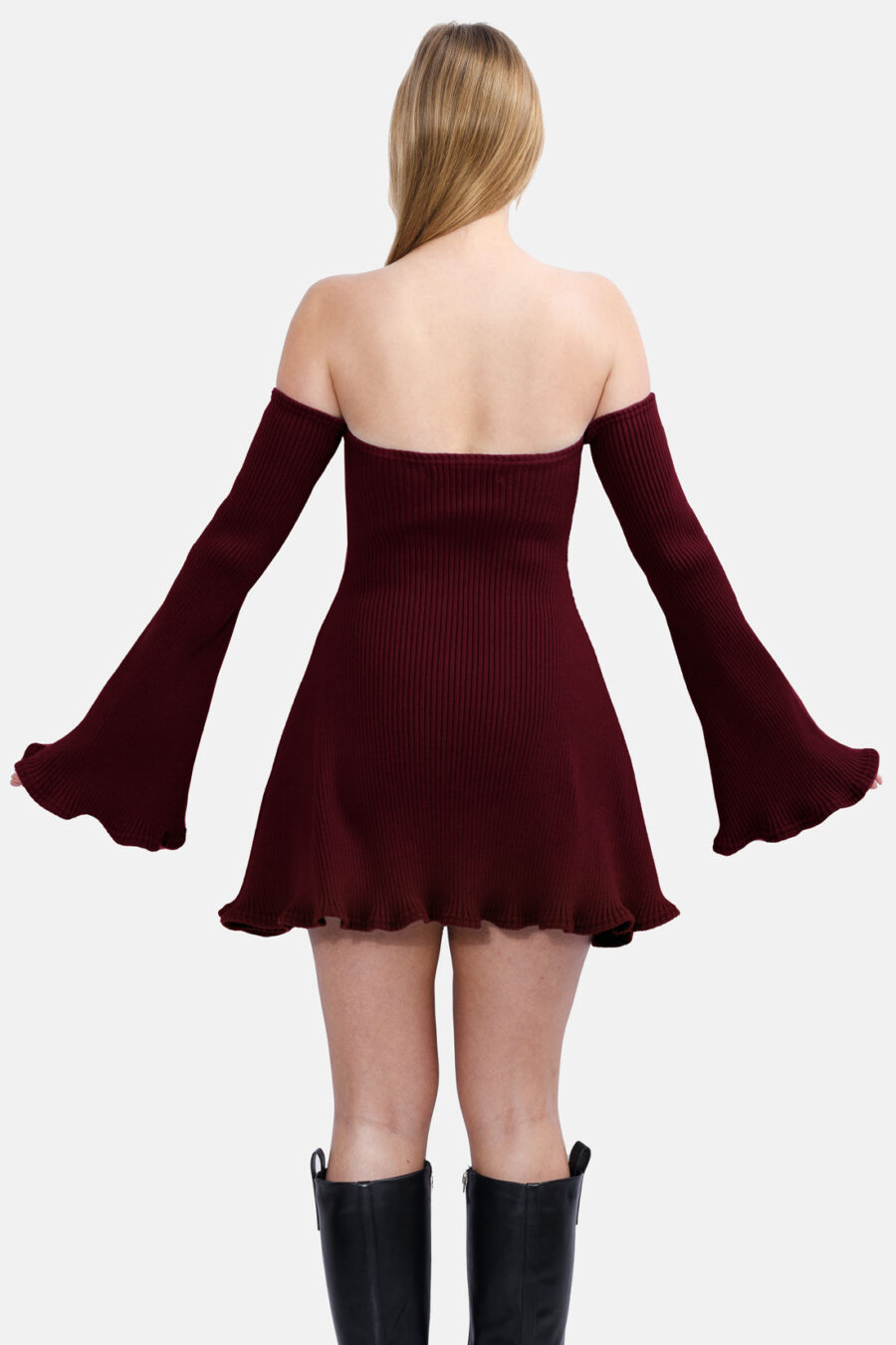 Red Allure Disgner Rib Knit Mini Dress With Flared Sleeves Kargede Designer Dress Back - Allure – Red Knit Jumper Dress