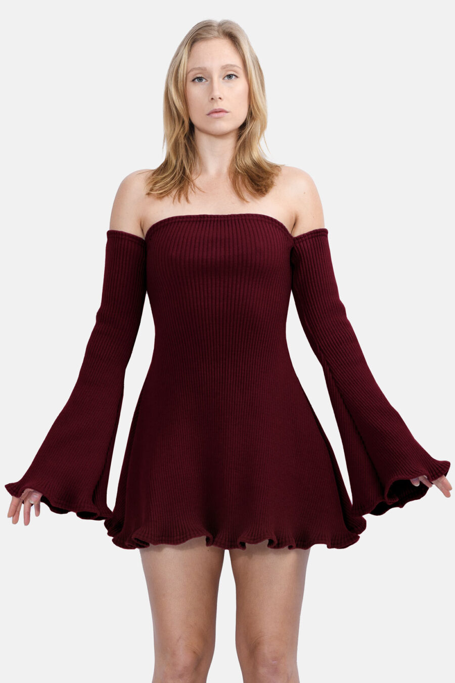 Red Allure Disgner Rib Knit Mini Dress With Flared Sleeves Kargede Designer Dress Front - Allure – Red Knit Jumper Dress